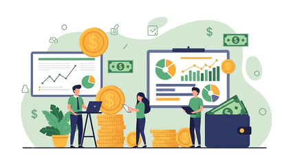 Business people analyzing financial growth charts and coins.