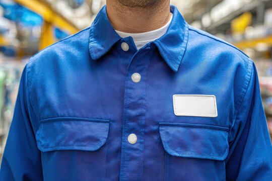 A worker wears a blue uniform shirt with a blank name tag patch. Use to represent occupations like manufacturing, repair, or warehouse jobs.