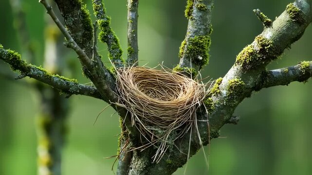 A blue tit carefully nesting among mossy branches in its natural habitat