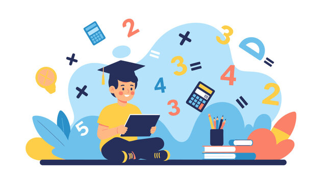 Young student in graduation cap studying mathematics with digital tablet.
