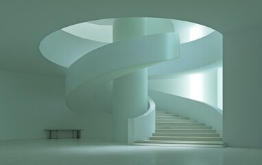 Modern architectural design with a spiral staircase and minimalist interior