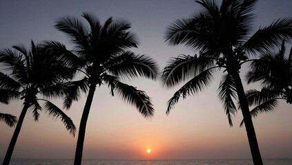 Obraz premium Palm trees silhouette against a vibrant sunset over the ocean