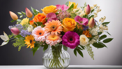 Vibrant Floral Arrangement With Colorful Blooms In Glass Vase