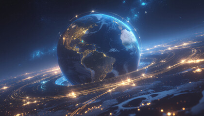 A vibrant digital Earth glowing with interconnected networks and city lights in the vast expanse of space, symbolizing global connectivity.