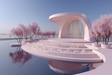 Modern architectural structure with pink trees and serene water reflection