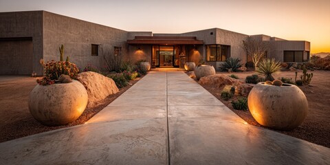 Modern architecture with pathway leading to a building at sunset or sunrise