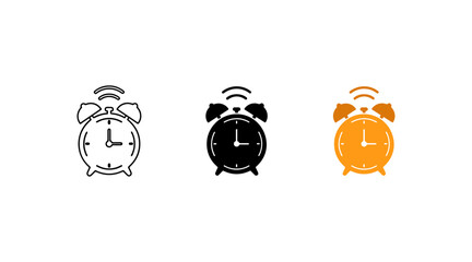 Three colored alarm clocks