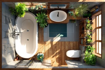 Modern bathroom interior design with plants natural light and wooden accents