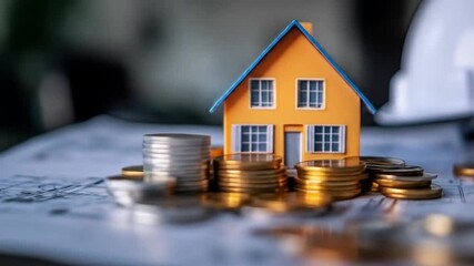 Miniature orange house with blue roof, surrounded by stacks of coins on blueprints - Powered by Adobe