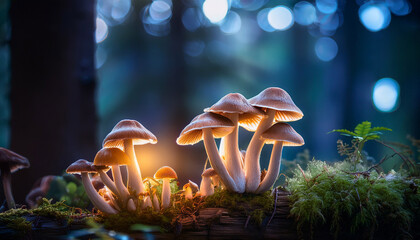 Mushrooms Glow Under Gentle Light In A Forest Setting During Twilight