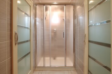 Modern bathroom interior featuring shower stall with glass doors and neutral tones