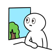 窓の外の景色をながめる棒人間