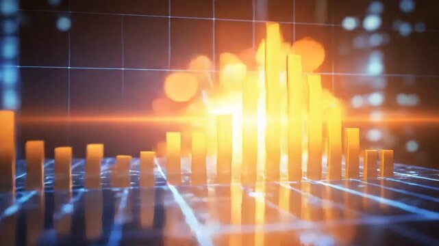 Abstract bar graph with rising data points and reflective surface, set against a dark backdrop.