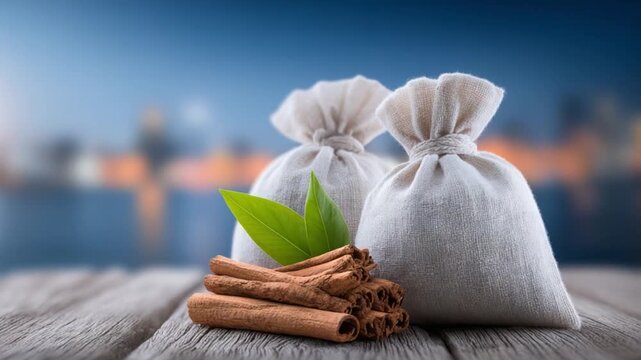 Aromatic Spice Collection: A collection of aromatic cinnamon sticks and herb-filled sacks, creating an enticing visual display on a rustic wooden table with a softly blurred urban backdrop. 