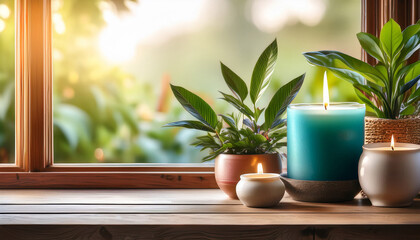 Serene Ambiance Featuring A Teal Candle Other Candles And Lush Potted Plants Arranged On A Rustic Wooden Table Near A Window