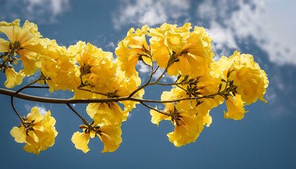 Vibrant Yellow Tabebuia Flowers Bloom Beautifully On A Slender Branch Highlighting Their Striking Color Against A Transparent Background