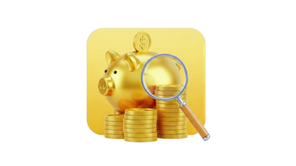 Golden Piggy Bank with Coins and Magnifying Glass
