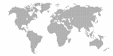 A dotted world map illustration showcasing continents and oceans in a minimalist style