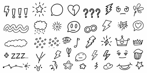 Fototapeta premium Collection of doodle style icons and symbols in black and white sketch