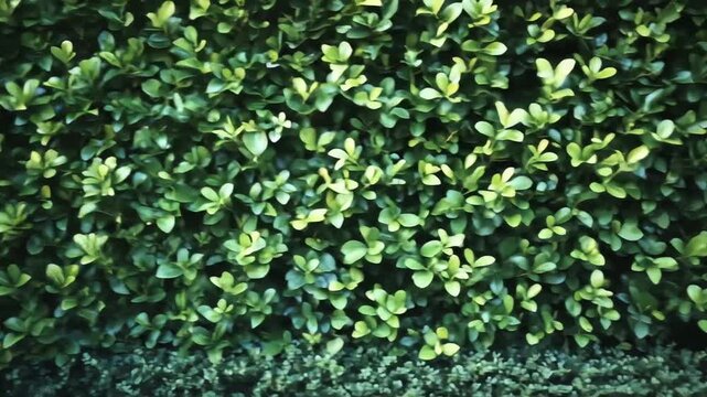 Dense lush green foliage of a hedge or bush, with small rounded leaves and natural texture