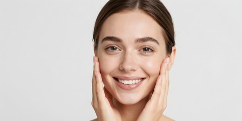 Woman smiling while touching her cheeks, showing off perfect skin