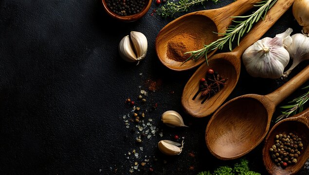 Culinary Spices and Herbs Dark Background Wooden Spoons and Garlic Cloves Aromatic Spices and Herbs Food Styling Culinary Spices Spoons Herbs Isolated on Black Surface - Powered by Adobe