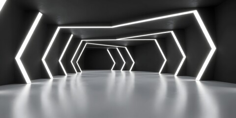 Dark corridor with glowing arrows pointing to the center of the image