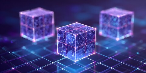 Futuristic Cube Network: Abstract Digital Technology Concept with Glowing Blue and Purple Lines Connecting Floating Three-Dimensional Structures