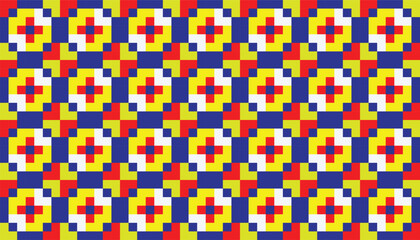 Fototapeta premium Seamless colorful geometric pattern with repeating square and pixel-style motifs in a bold abstract composition