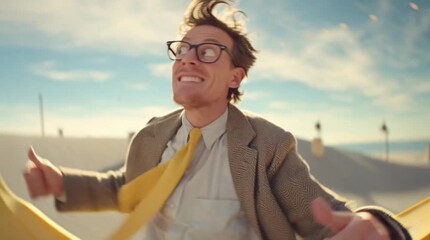 A joyful man in a vintage suit gives two thumbs up while sliding across desert dunes on a giant banana, blending whimsical adventure with surreal, comedic flair.