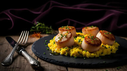 Golden seared scallops on risotto with fork knife elegant seafood dish perfect for food blogs, restaurant menus, and culinary promotions.