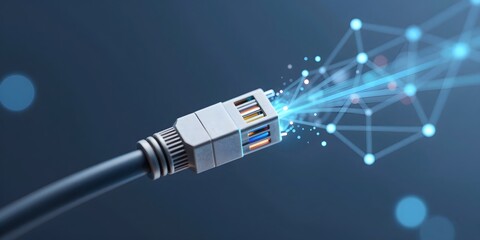 Connection soars: an internet cable transmitting data through a network of illuminated nodes