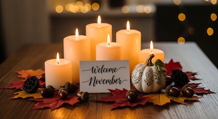 Lit candles with autumn leaves and a decorative pumpkin on a table setting