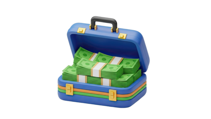 Open Blue Briefcase Overflowing with Bundles of Cash
