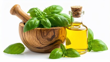 Fresh basil with oil, a mortar & pestle, and a small bottle of golden oil