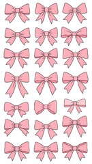 Rows of cute pink bows, each differing slightly in shape, with visible knot and loop details, on a white background