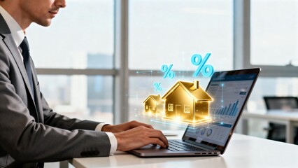 Businessman working on laptop with house graphics