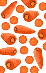 carrots vegetable and slices of orange carrots are shown in this pattern issolated on white