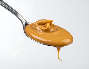 Shiny peanut butter swirled on a spoon with a thin drip, on a bright white background