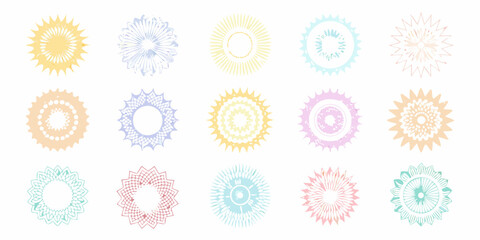 A collection of pastel colored circular starburst and floral design elements © Tithi