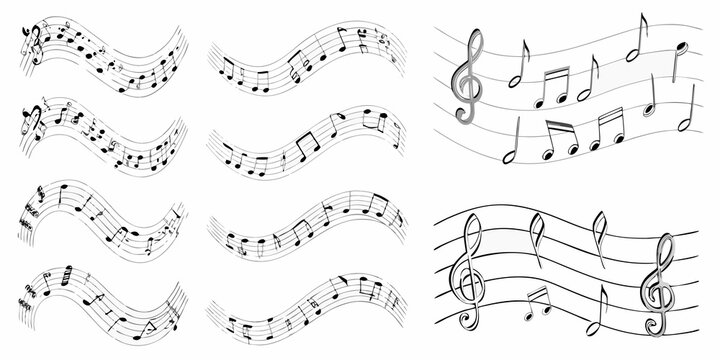 Collection of musical notes and lines arranged in wavy flowing patterns