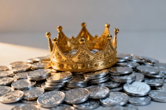 Gold Crown Resting on a Pile of Coins Depicting Wealth and Royalty Concepts