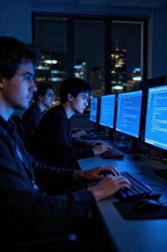 Group of Individuals Collaborating on Code Within a Modern Tech-Focused Workspace Environment