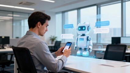 Man interacting with a holographic robot