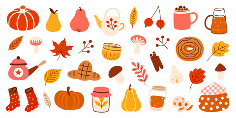 A colorful collection of autumn themed illustrations fruits leaves and cozy items © Raben