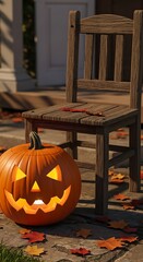 Obraz premium Lit jack o lantern beside a wooden chair with autumn leaves decorations