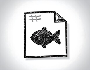 Sketch-style drawing of a fish on a page with a folded corner, marked with a hashtag-like symbol