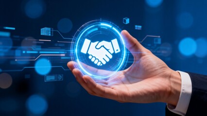 Hand holding digital handshake icon