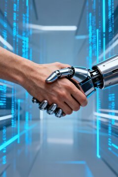 Human and robotic hands shaking, symbolizing future collaboration and technological partnership