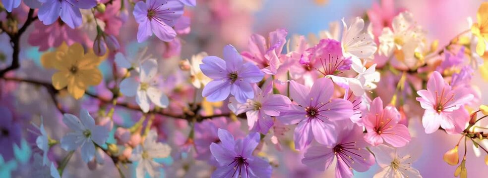 beautiful spring background with colorful pastel flowers, copy space banner, banner for social media and web design. pastel colors, pink, purple, yellow, and white background Generative AI